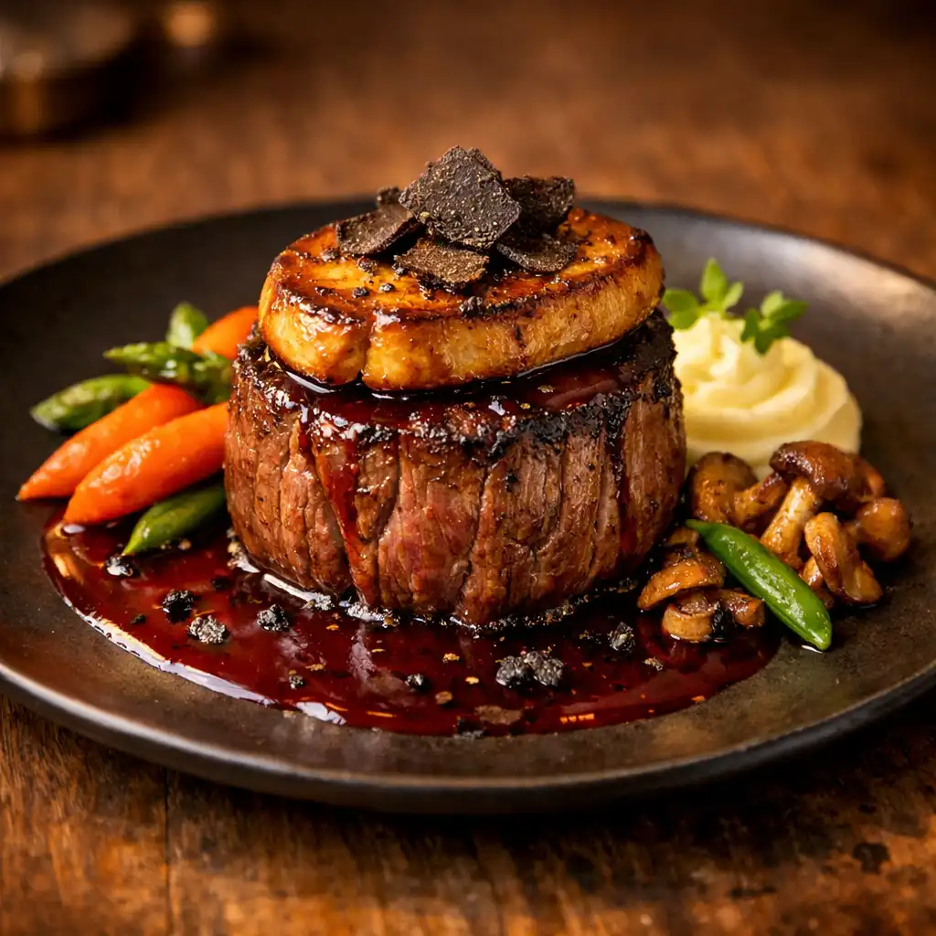 Filet de bœuf Rossini avec foie gras poêlé et sauce au vin rouge