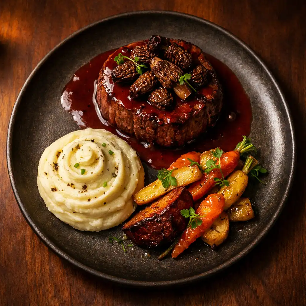 Filet de bœuf grillé nappé de sauce au vin rouge et garni de morilles