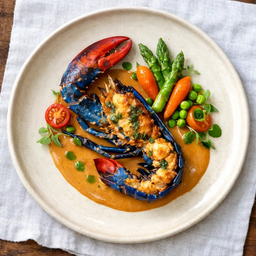 Homard bleu grillé avec bisque onctueuse et légumes de saison