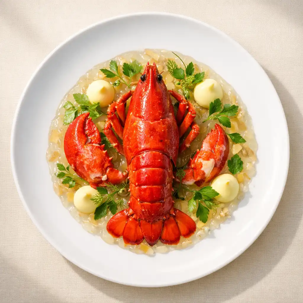 Homard bleu poché avec gelée de crustacés et mayonnaise au citron confit