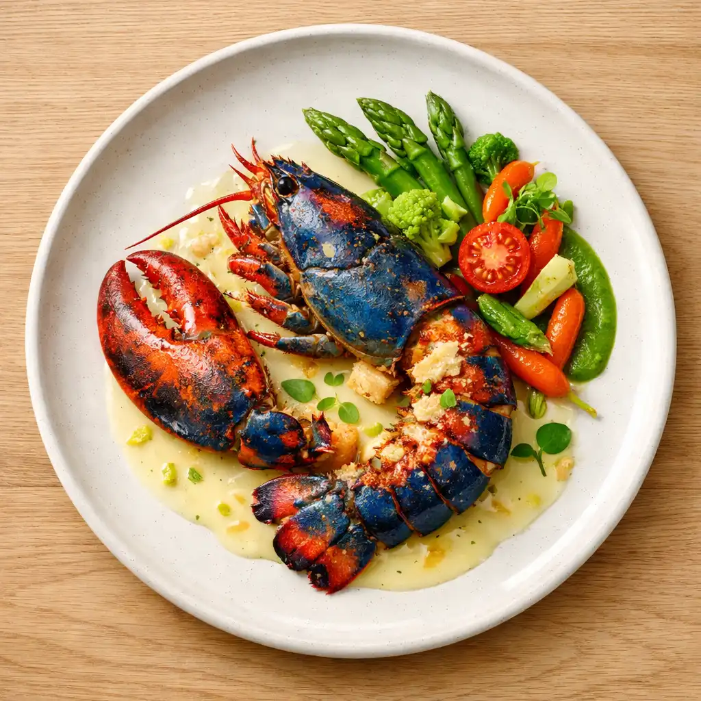 Homard bleu rôti, beurre blanc au citron confit et légumes de saison