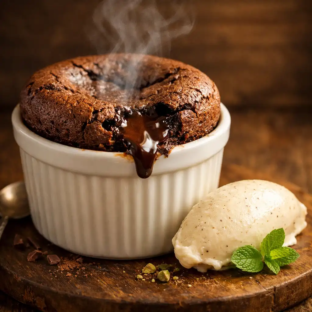 Soufflé au chocolat grand cru, cœur fondant et glace vanille de Madagascar