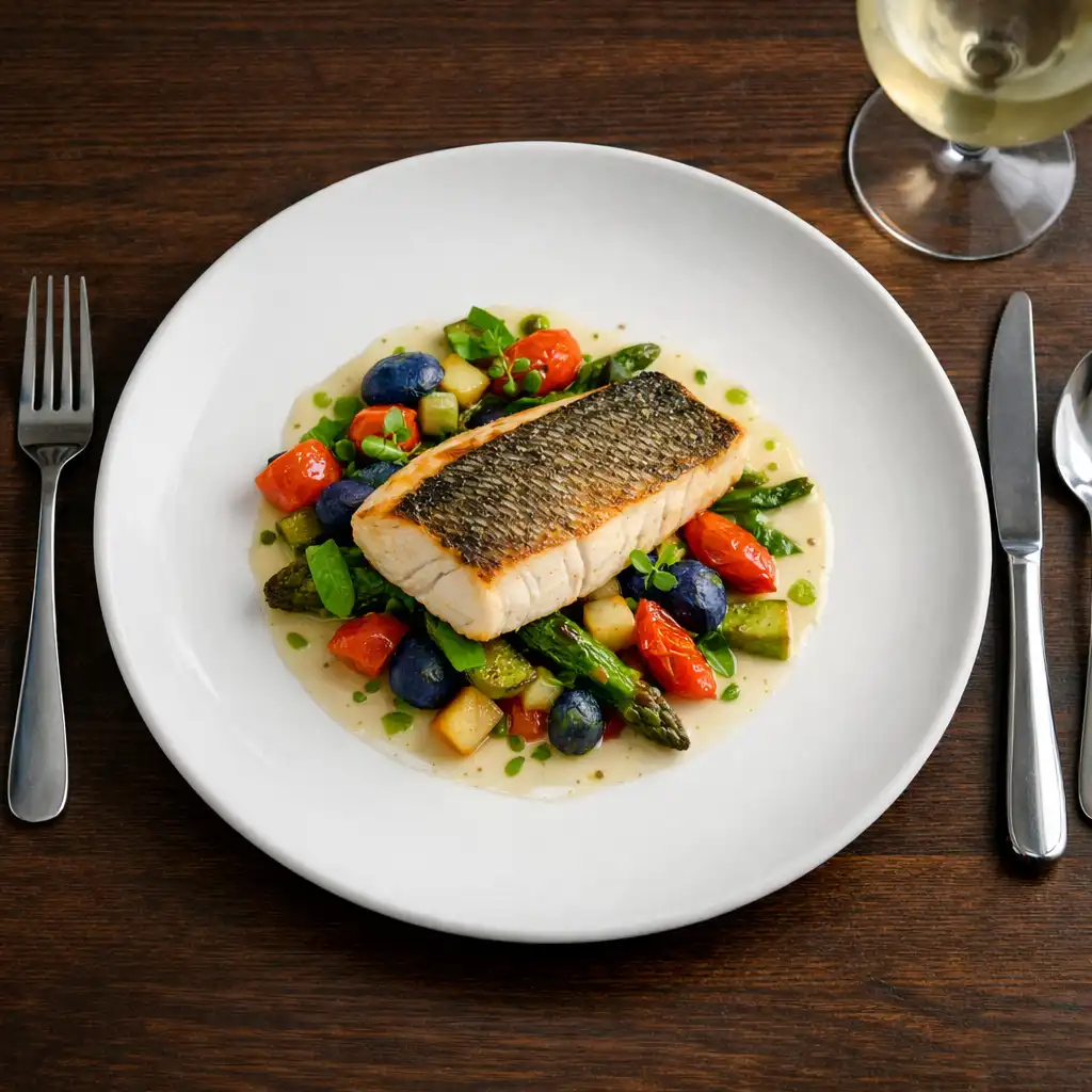 Assiette signature du chef vue de dessus avec un filet de poisson sur des légumes colorés
