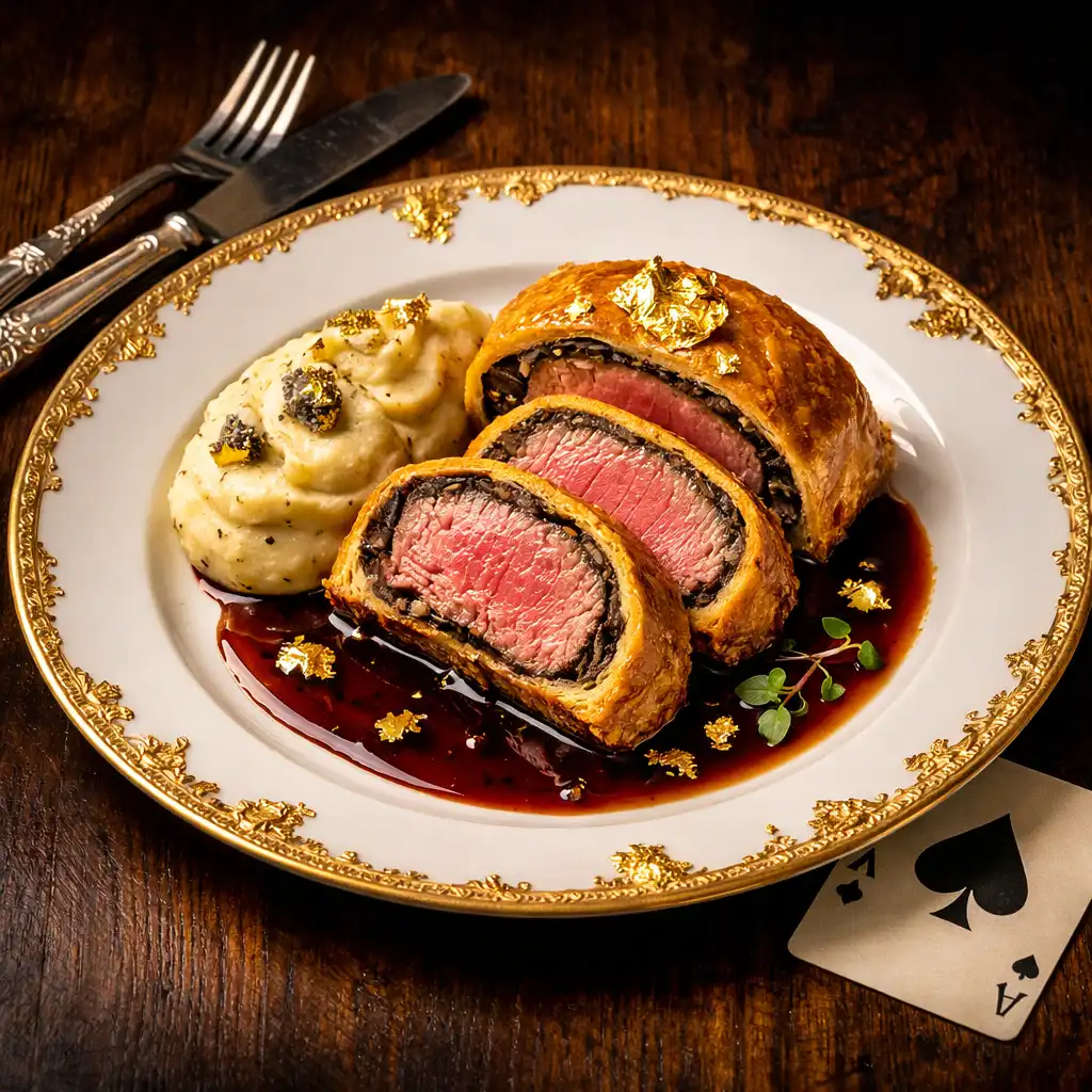 Assiette signature Le Carré d'As : filet de bœuf en croûte, purée à la truffe et réduction au vin rouge