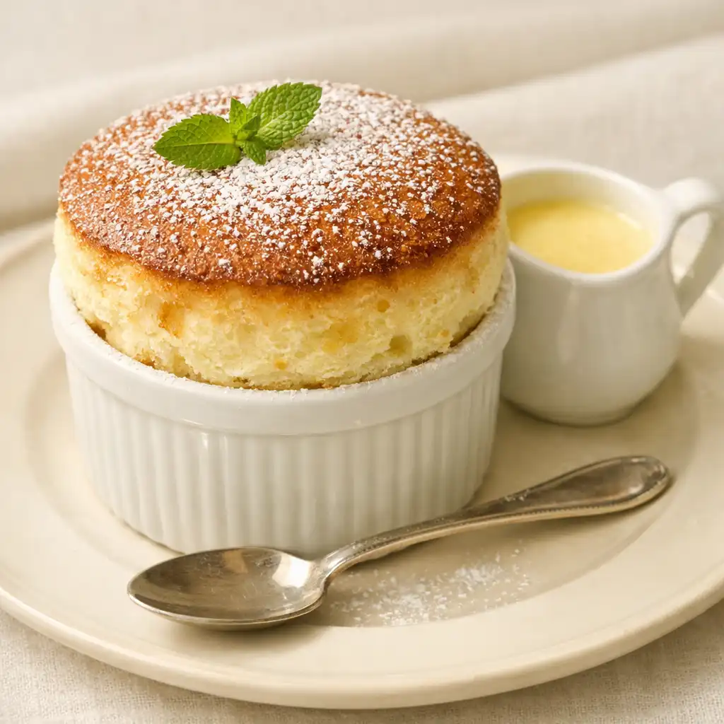 Soufflé au Grand Marnier doré avec crème anglaise