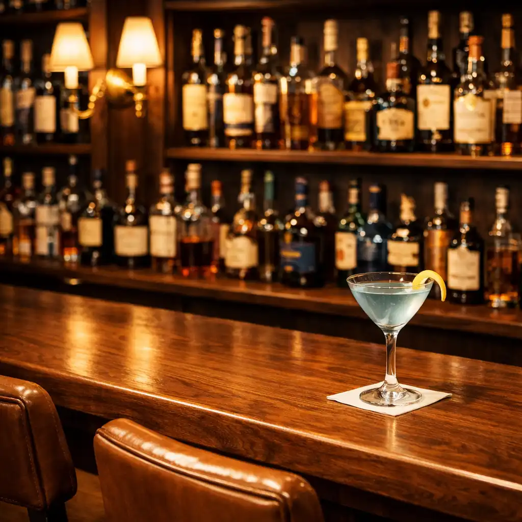 Gros plan sur le comptoir du bar attenant en noyer massif, avec tabourets hauts en cuir, bouteilles alignées et appliques en laiton.