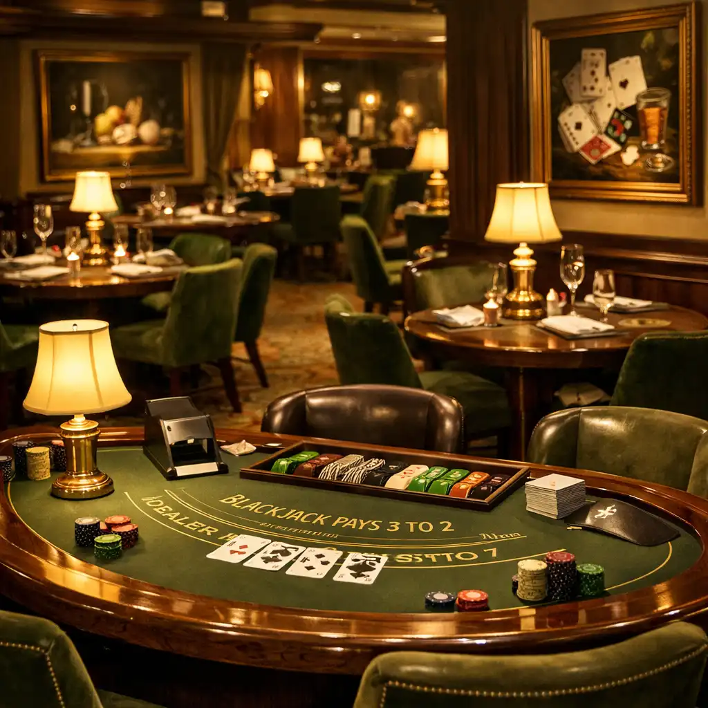 Intérieur élégant du casino physique de Maison et Assiette, avec une table de blackjack en bois sombre et un éclairage tamisé