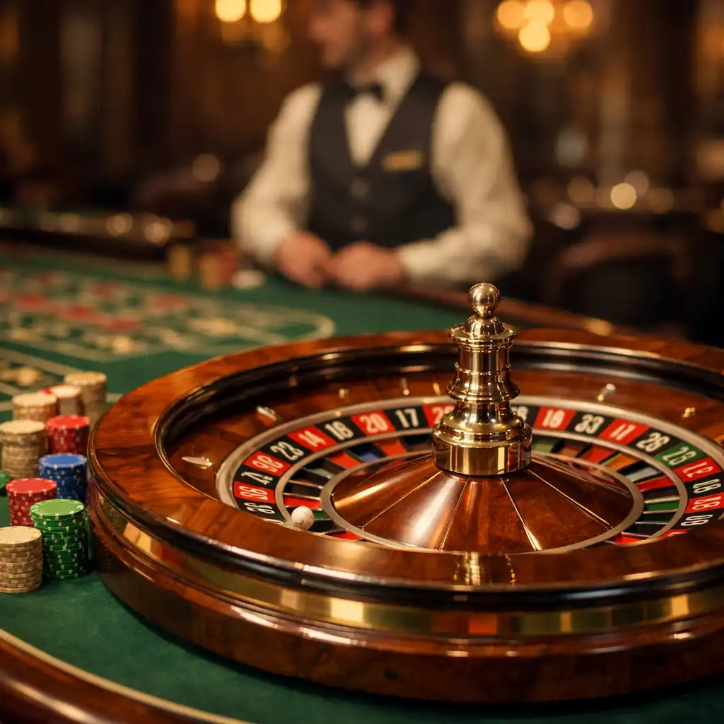 Table de roulette physique avec tapis vert et jetons colorés dans un casino élégant