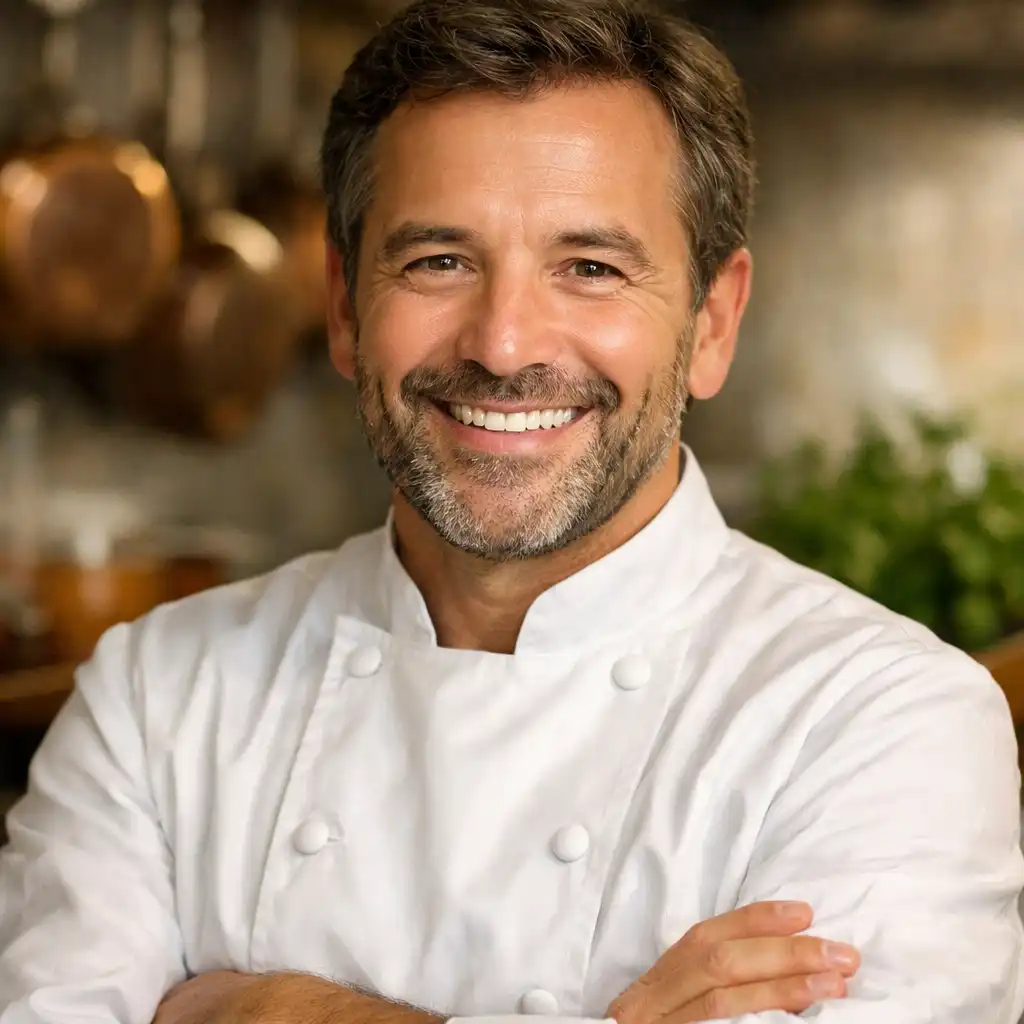 Portrait du chef Antoine Moreau en veste de cuisine blanche