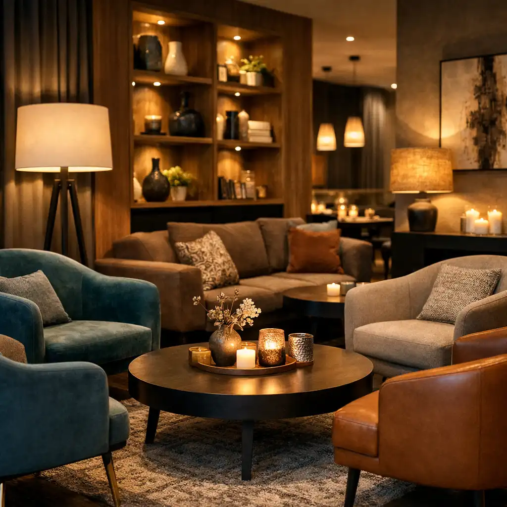 Coin lounge avec fauteuils confortables, table basse et éclairage d'ambiance