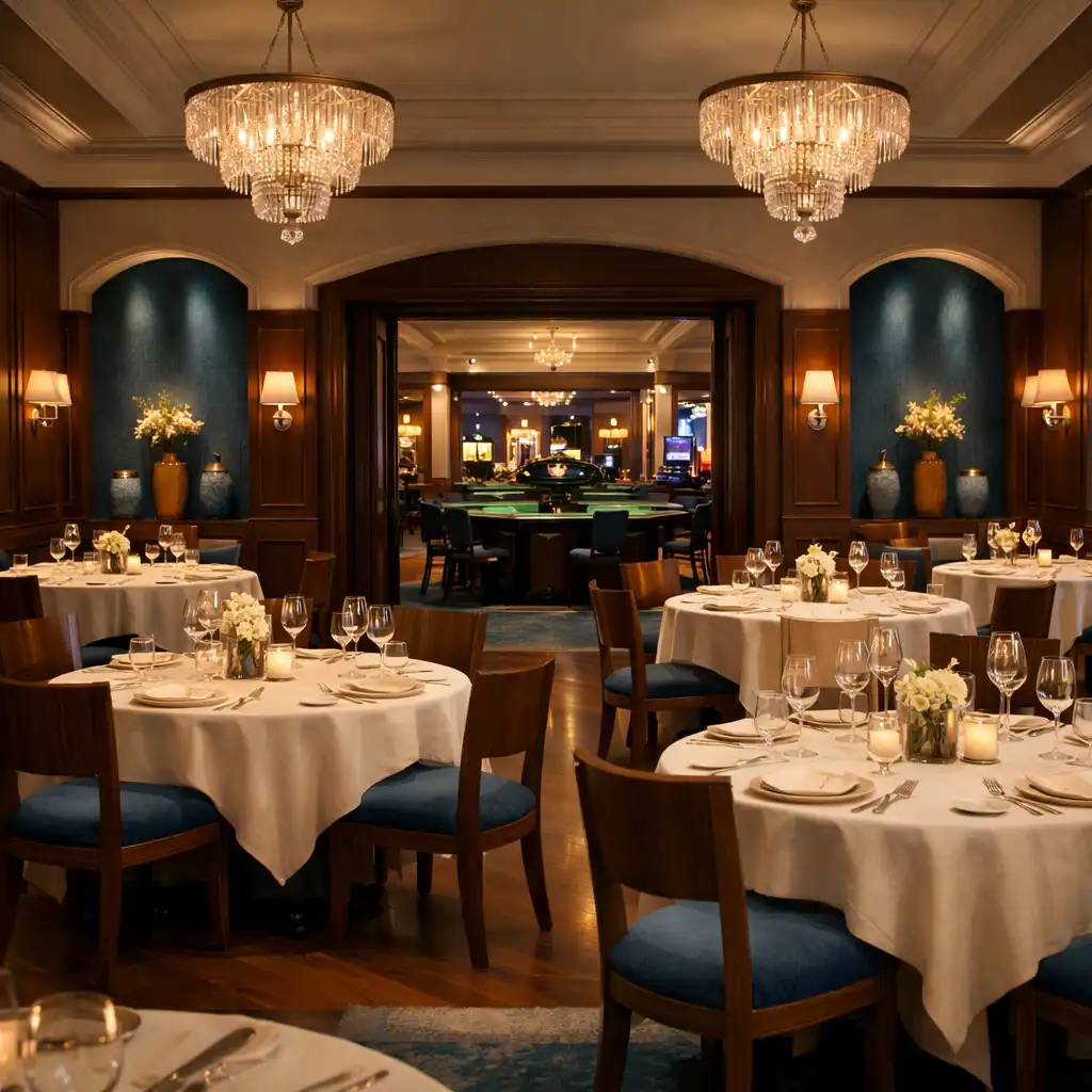 Salle de restaurant gastronomique élégante avec tables dressées et vue vers l'espace casino