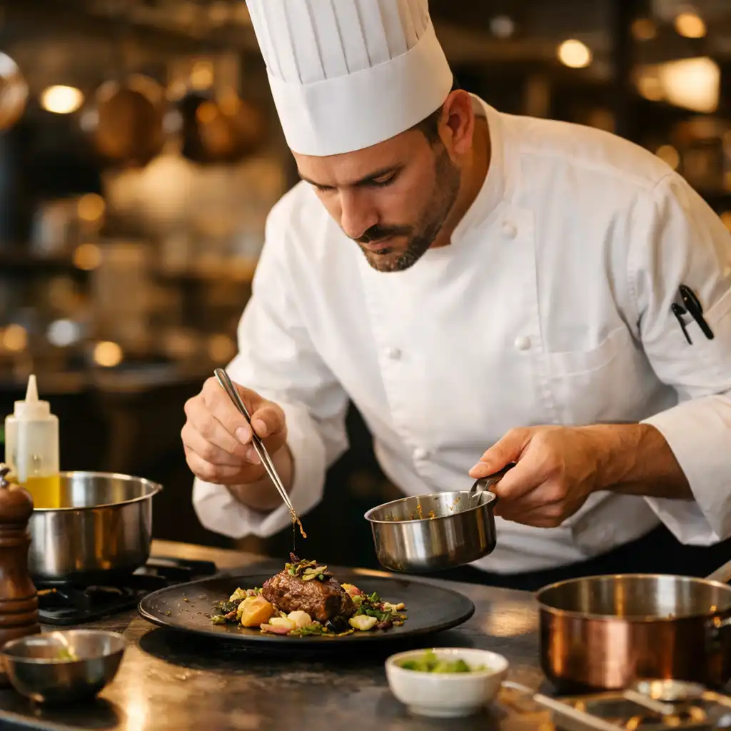Chef en cuisine préparant un plat gastronomique, gestes précis et ustensiles professionnels