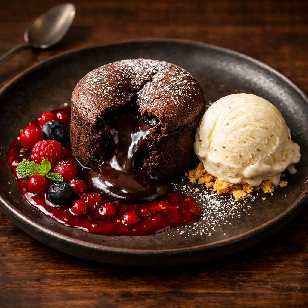 Fondant au chocolat noir, cœur coulant et glace à la vanille