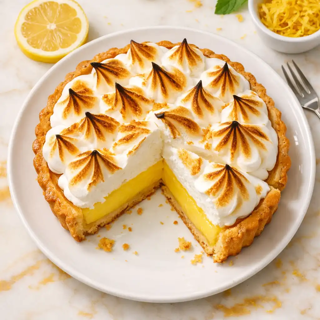 Tarte au citron meringuée, pâte sablée et meringue italienne