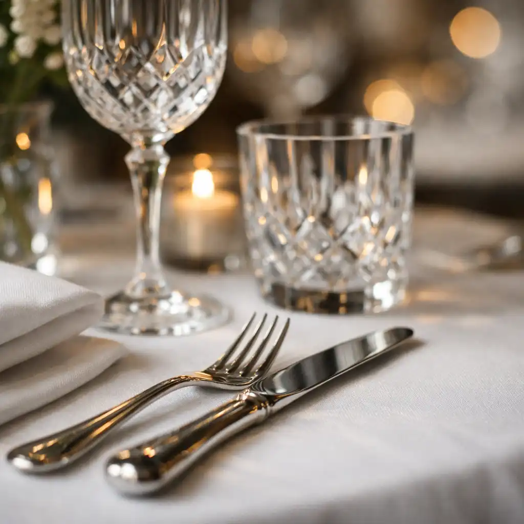 Détail d'une table dressée avec couverts en argent, verres en cristal et nappe blanche
