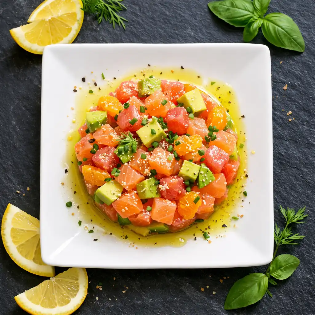 Tartare de saumon, avocat, agrumes et huile d'olive vierge