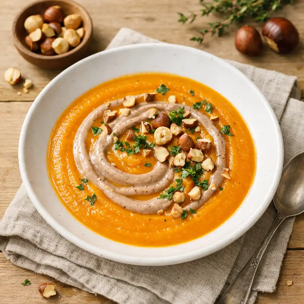 Velouté de potiron, crème de châtaigne et éclats de noisettes