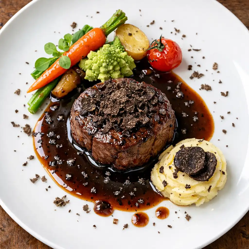 Filet de bœuf aux truffes, assiette soignée avec sauce brillante et truffes noires râpées