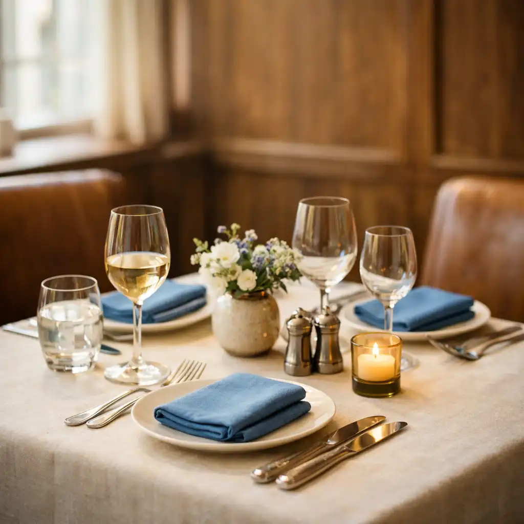 Table de restaurant gastronomique élégamment dressée dans un intérieur chaleureux