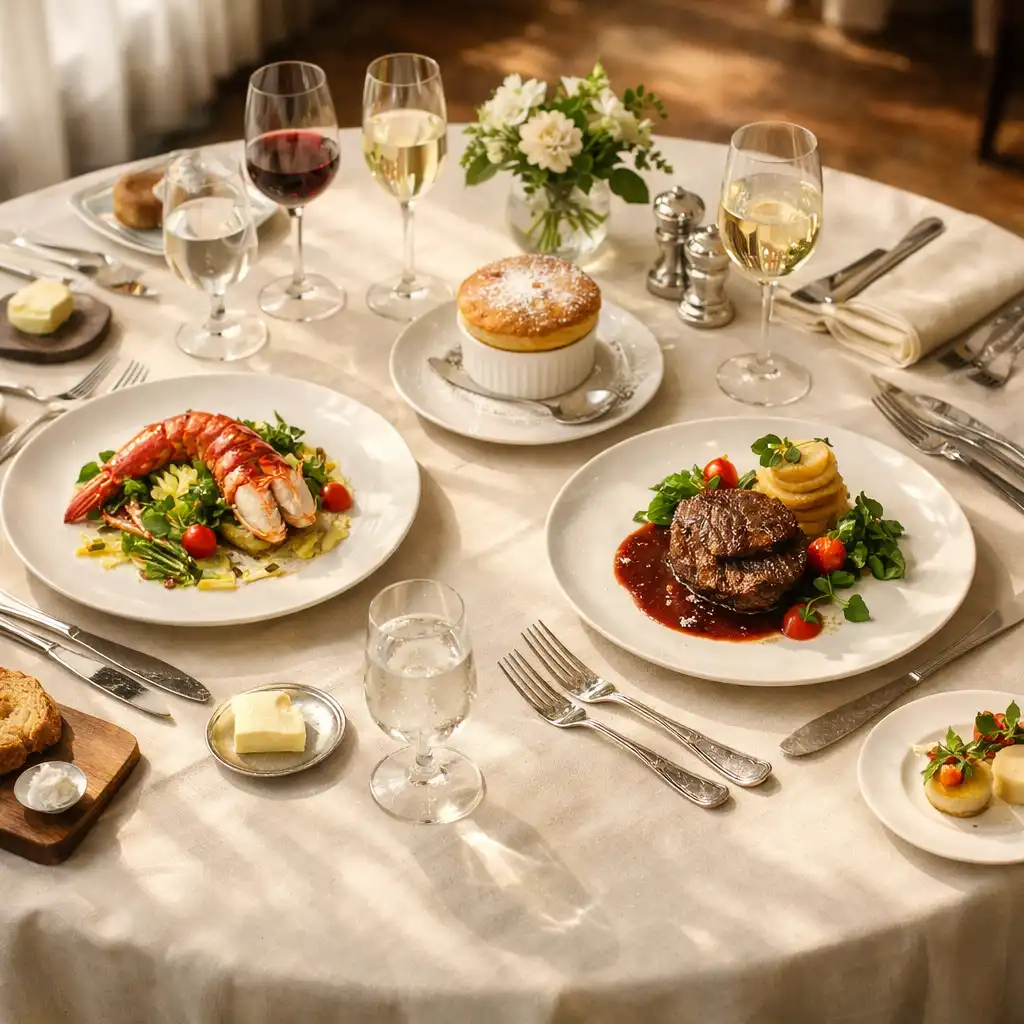 Table gastronomique dressée avec des plats raffinés, couverts en argent et verres en cristal dans une ambiance chaleureuse