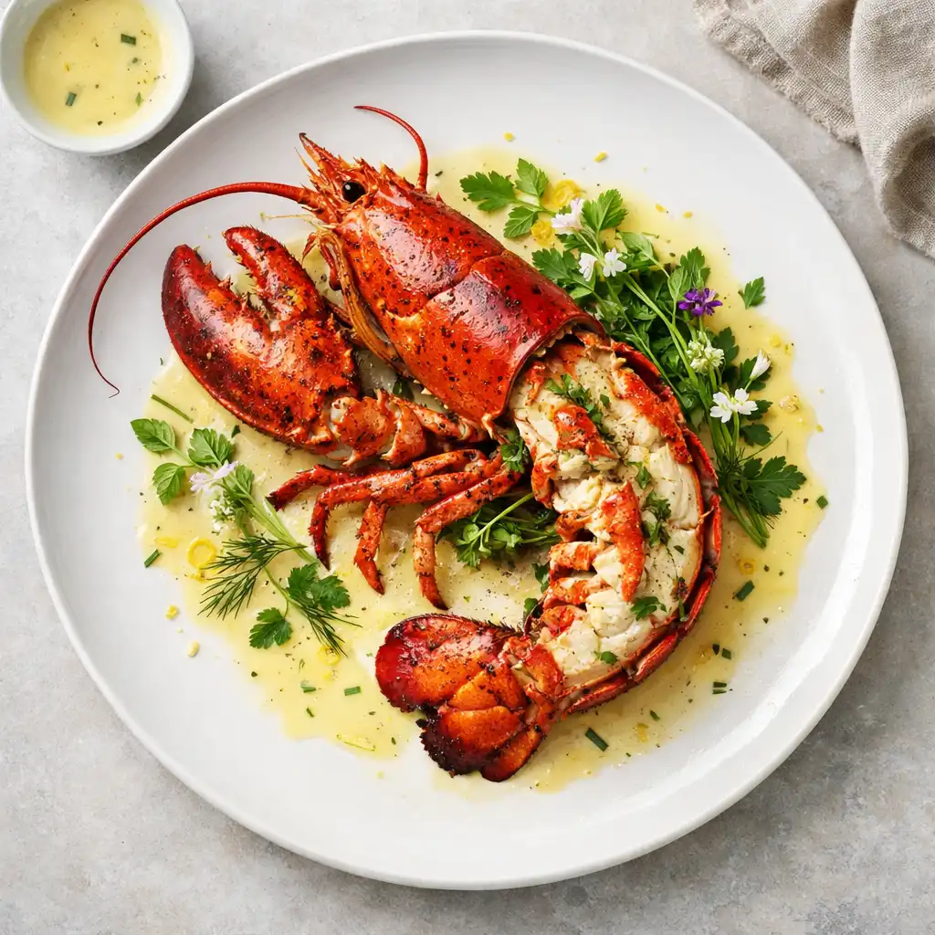 Homard rôti entier au beurre blanc citronné, présentation gastronomique avec herbes fraîches