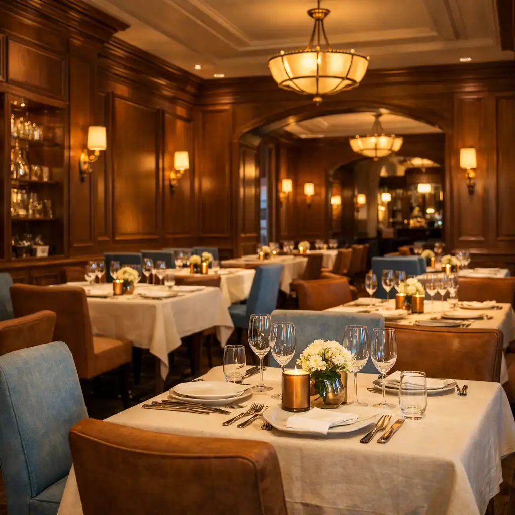 Intérieur du restaurant avec boiseries en noyer, luminaires tamisés et tables en lin crème