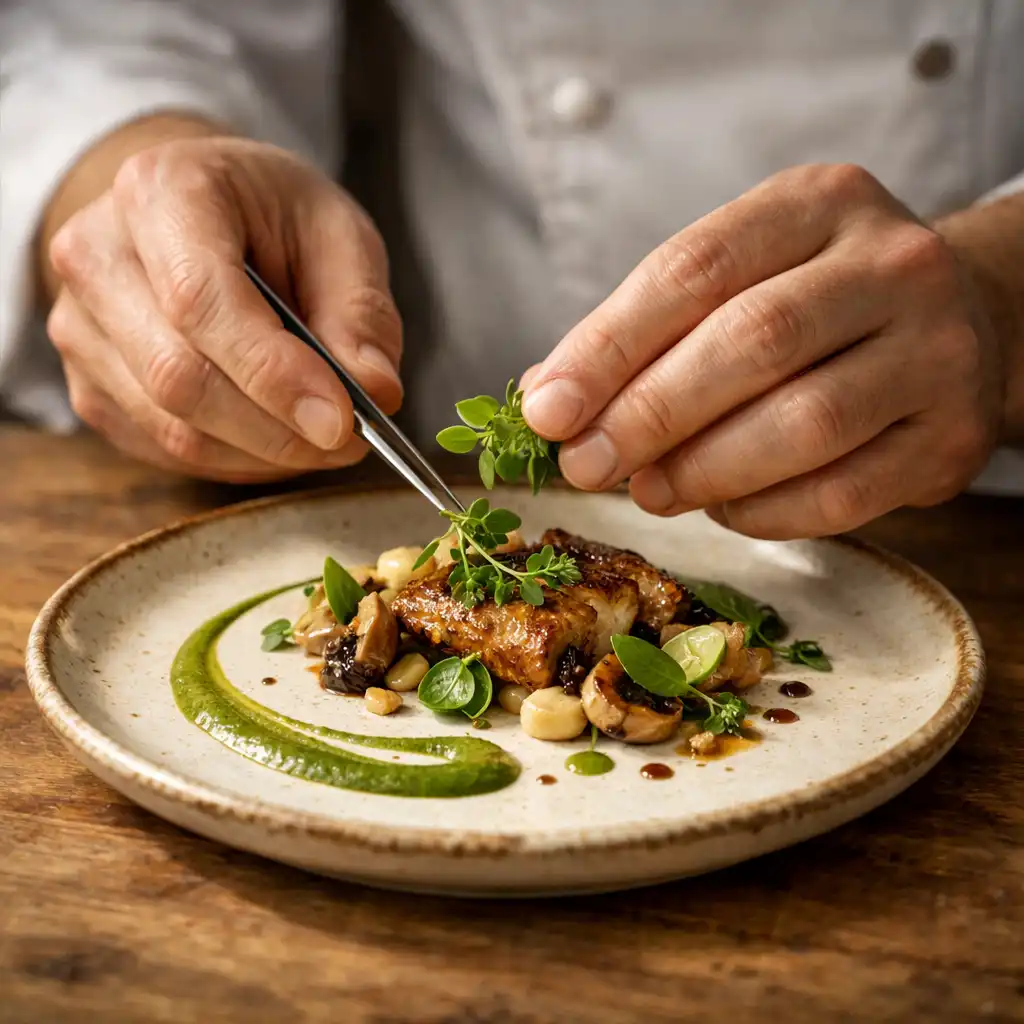 Mains d'un chef dressant une assiette gastronomique avec des herbes fraîches