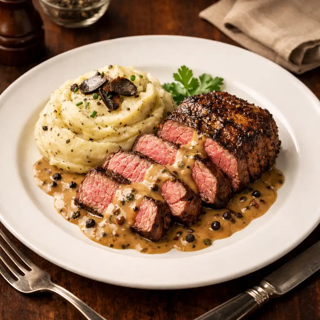 Filet de bœuf, sauce au poivre, purée de pommes de terre à la truffe