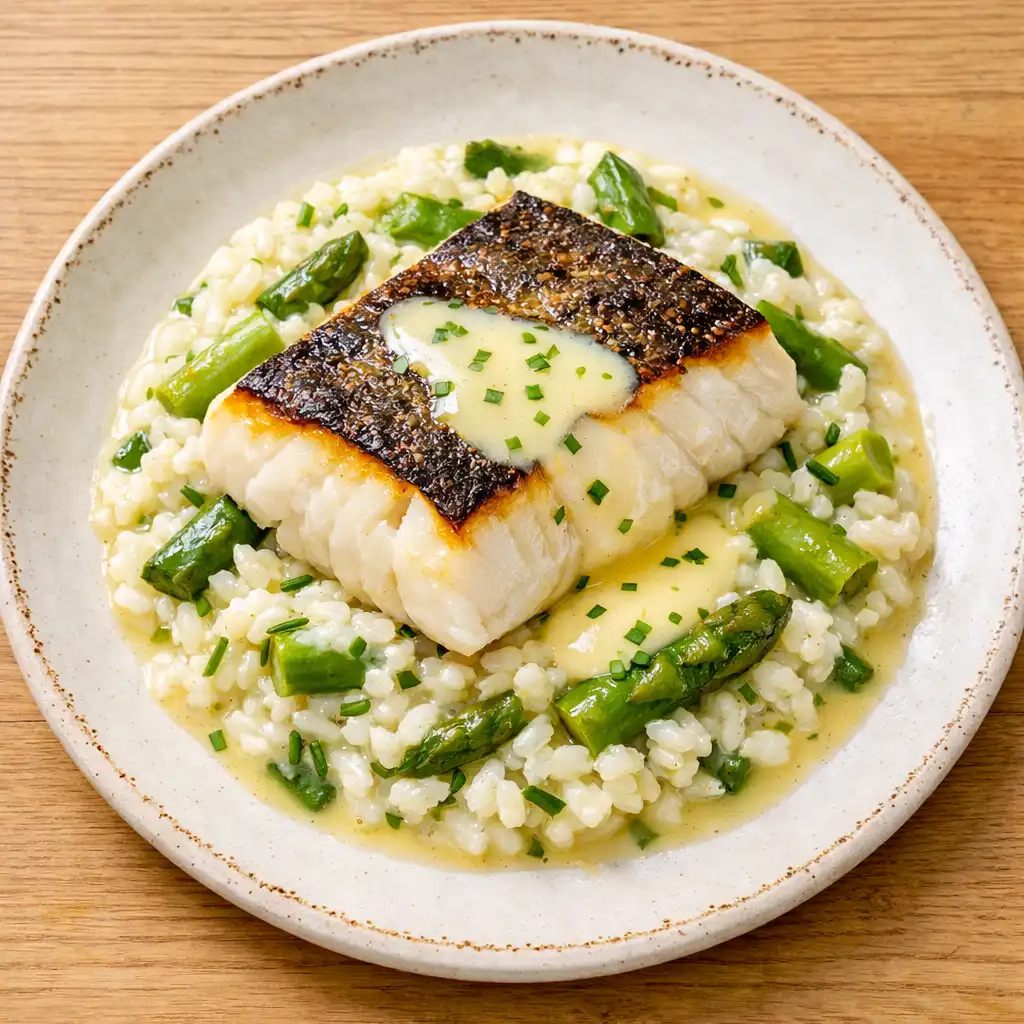 Dos de cabillaud rôti, risotto aux asperges et beurre blanc