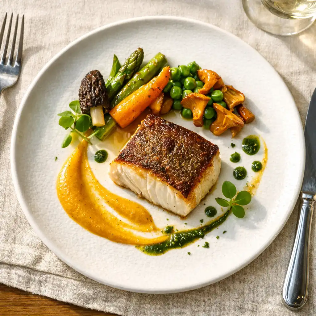 Plat gastronomique français dressé avec soin, vu de dessus sur une table en bois clair