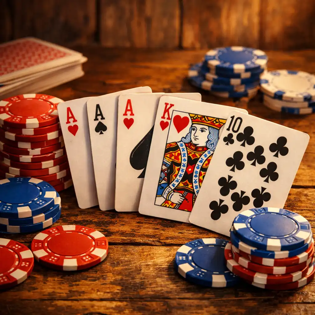 Gros plan sur des cartes à jouer et des jetons de poker sur une table en bois