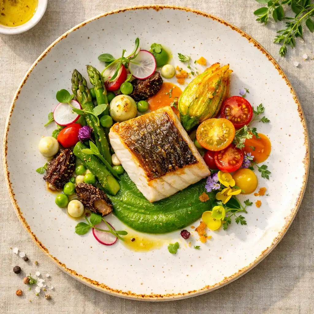 Plat gastronomique signature servi dans une assiette élégante, photographié de dessus