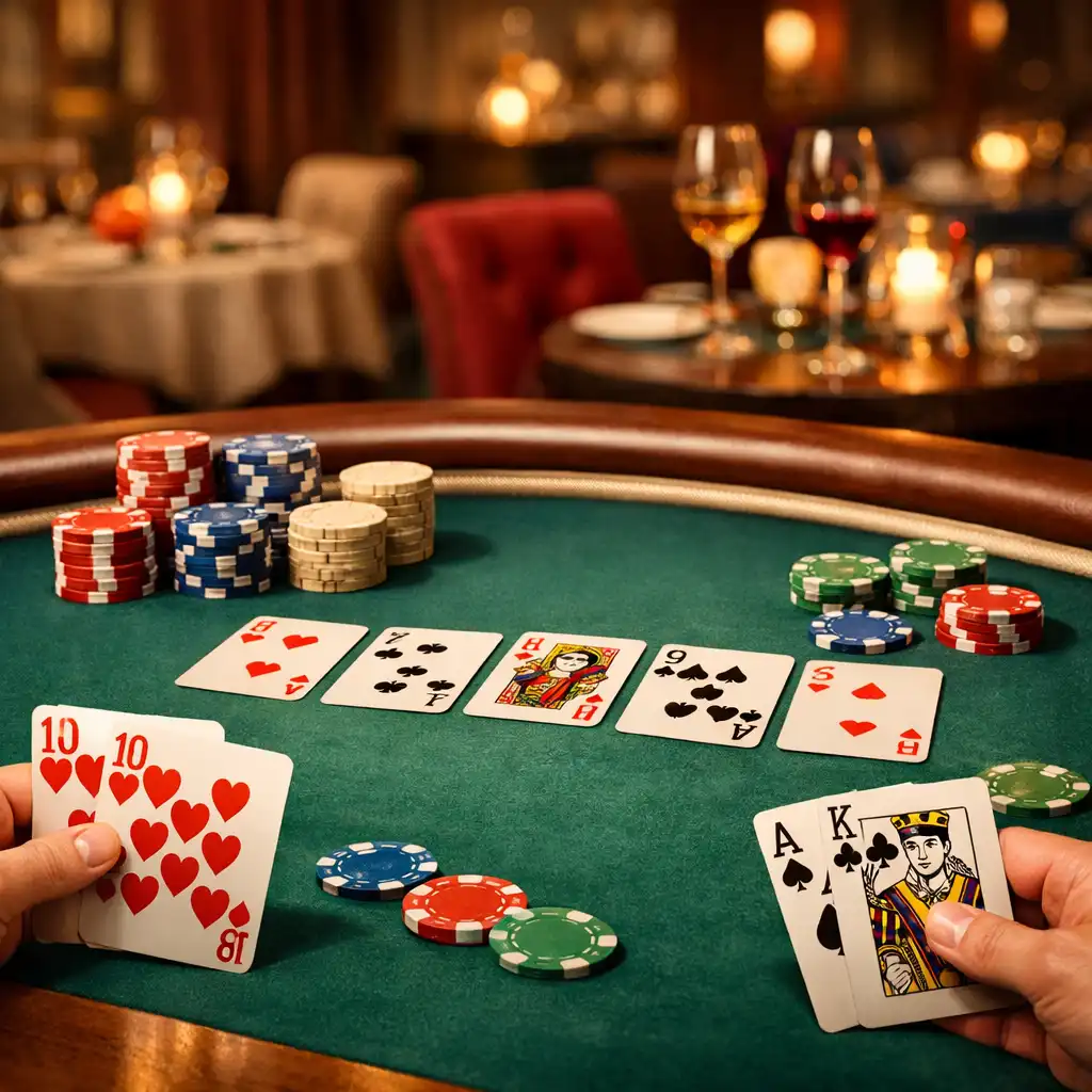Table de poker physique avec cartes et jetons dans une ambiance tamisée