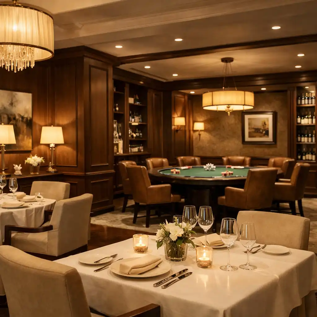 Intérieur du restaurant gastronomique avec une table de poker en arrière-plan