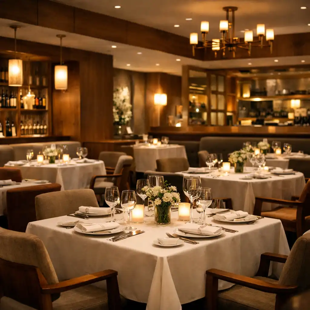 Vue d'ensemble du restaurant gastronomique Maison et Assiette, tables dressées avec nappes blanches, éclairage tamisé et ambiance chaleureuse