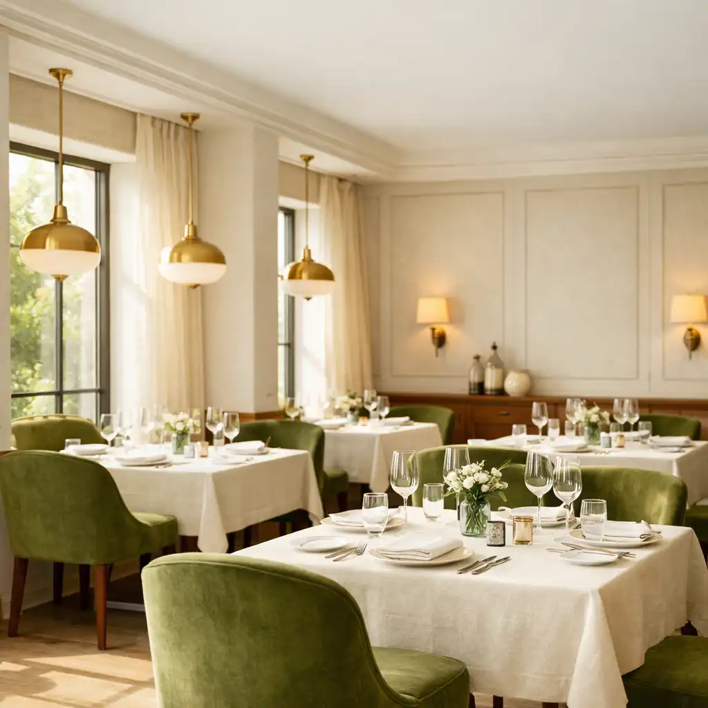 Vue d'ensemble de la salle principale du restaurant Maison et Assiette, baignée de lumière naturelle, avec tables en bois clair, chaises en velours vert mousse et suspensions en laiton.