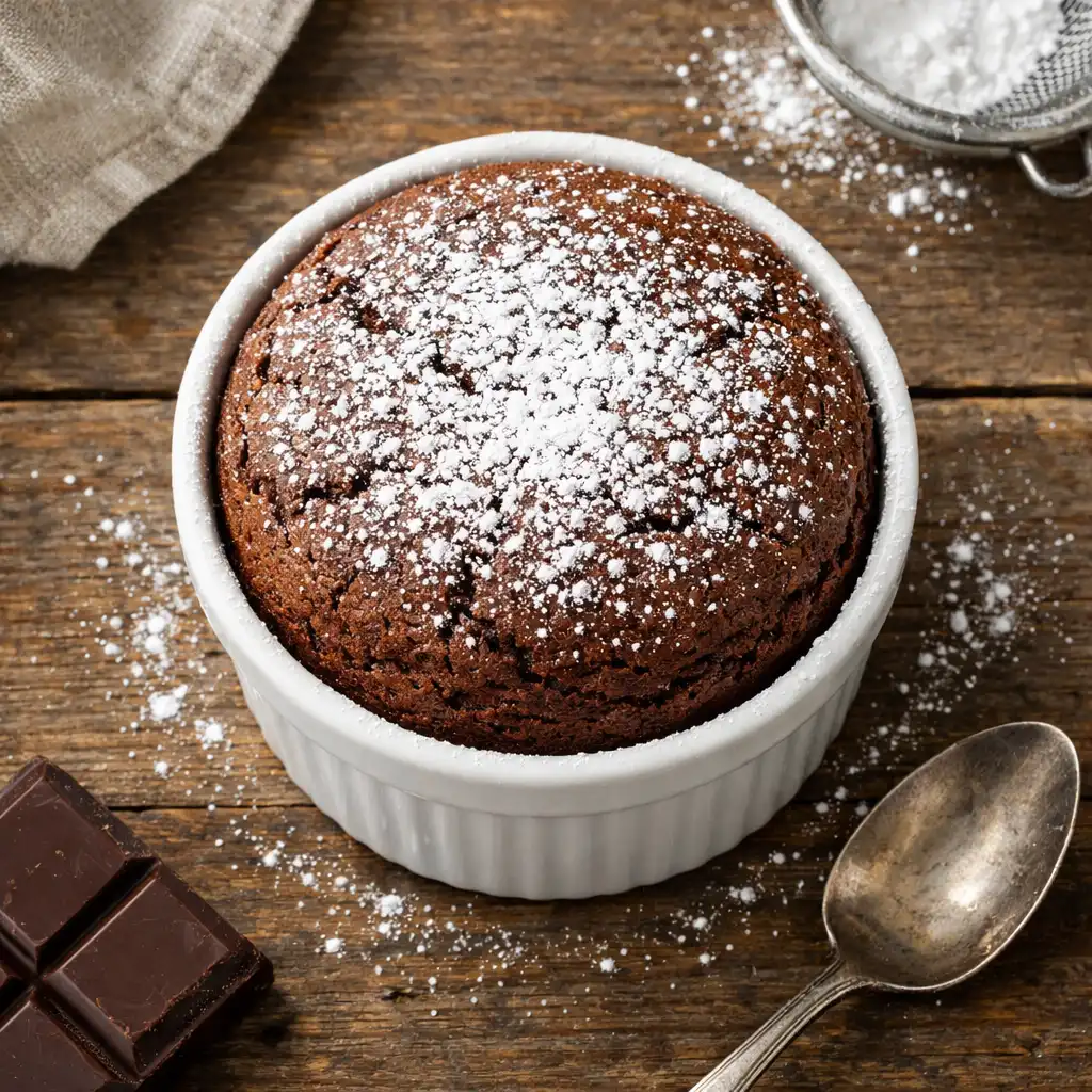Soufflé au chocolat grand cru, texture aérienne, servi dans un ramequin et saupoudré de sucre glace