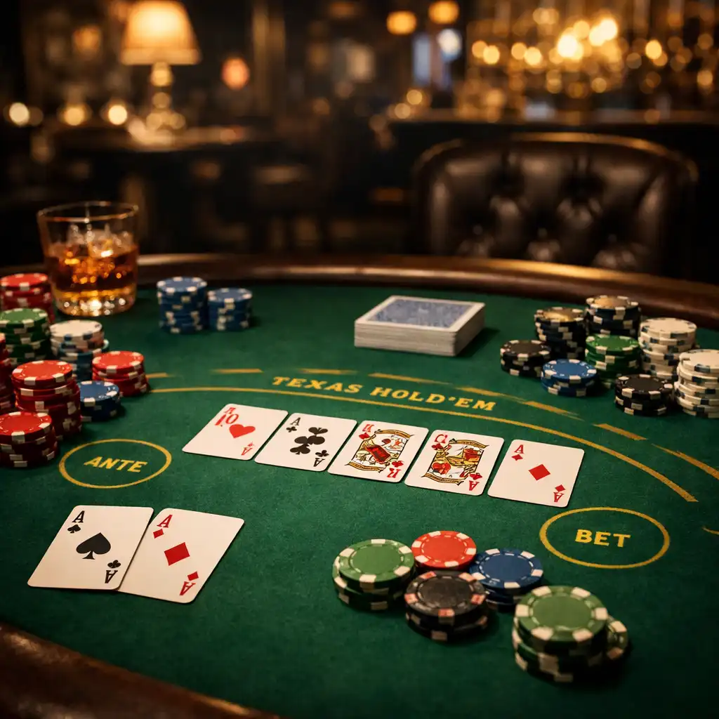 Table de poker traditionnelle avec cartes et jetons
