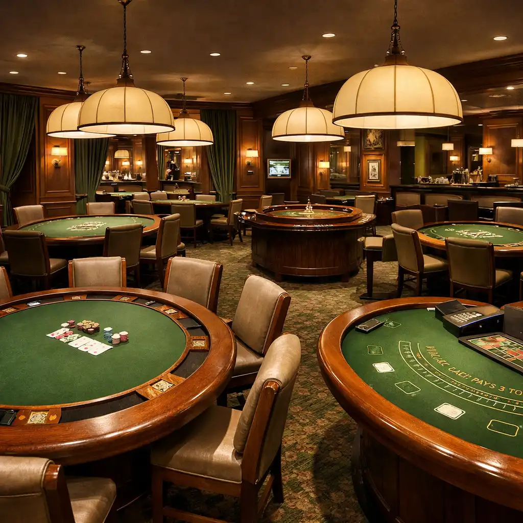 Salle de casino physique avec tables de poker, blackjack et roulette en bois massif